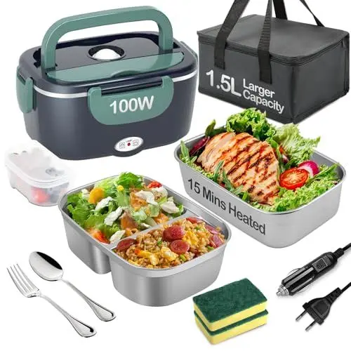 Produktbild: BYbrutek Elektrische Lunchbox 100W, 3-In-1 tragbare beheizte Lunchbox, 1,5L Edelstahl Entnehmbare brotdose, 12V/24V/220V Insulated Wärmebox Auto/Lkw/Bür (Blau&Grün, 1.5 L)