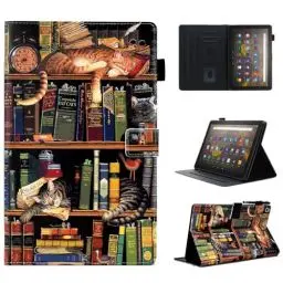 Produktbild: BYCeKe Hülle für Fire HD 10 und Fire HD 10 Plus Tablet (11. Generation, 2021) - Premium PU Leder Stand Case Schutzhülle mit Auto Schlaf/Wach Funktion, Bücherregal Katze