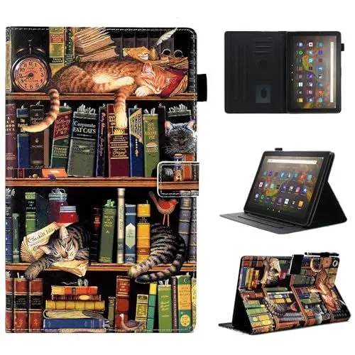 Produktbild: BYCeKe Hülle für Fire HD 10 und Fire HD 10 Plus Tablet (11. Generation, 2021) - Premium PU Leder Stand Case Schutzhülle mit Auto Schlaf/Wach Funktion, Bücherregal Katze