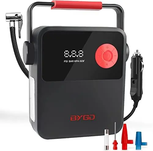 Produktbild: BYGD Luftkompressor Reifenfüller, DC 12V Tragbarer Reifenfüller für Auto, Digitale Reifenpumpe mit tragbarem Griff und LED-Licht, Luftpumpe für Autoreifen, Fahrrad, Bälle und andere Schlauchboote