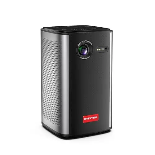 Produktbild: BYINTEK P70 Mini-3D-Projektor aus Metall, HD LED WiFi tragbarer Projektor mit Akkubetrieb, unterstützt 1080P 4K, Android 9.0 Betriebssystem, kabelloses Display, mit Tasche und Stativ