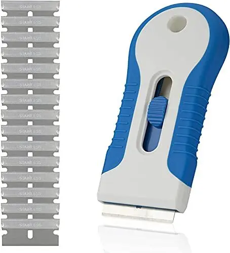 Produktbild: byjohn Ceranfeldschaber Blau - 2 in 1 Ceranfeldkratzer und Entferner von Kleberesten inkl. 15 Ersatzklingen aus Edelstahl mit stabilem Griff - einfache Reinigung von Herd & Ofen, Glaskratzer