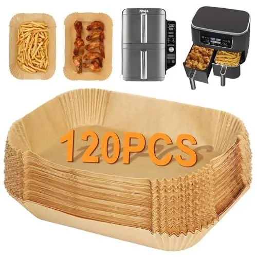 Produktbild: BYKITCHEN 120Stück Backpapier für Heißluftfritteuse Ninja Double Stack XL 9.5L SL400EU, Air Fryer Zubehör, Backpapier für AF300EU AF400EU,Ninja Double Stack XL, Cookwise & anderen Dual Zone Airfryer