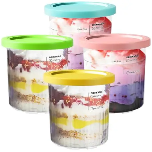 Produktbild: BYKITCHEN CREAMI Deluxe Behälter/Becher für Ninja NC501EU, 4 Stück Creami Behälter NC501EU, Eismaschine Creami Deluxe Zubehör, Kompatibel mit Ninja Creami Eis NC501EU NC500EU Serie Eismaschinen
