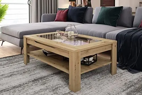 Produktbild: byLIVING Couchtisch Ralph/moderner Sofatisch mit Glaseinlage und großzügiger Schublade in Eiche-Optik/Beistelltisch mit viel Stauraum/B 110, H 43, T 67 cm