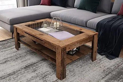 Produktbild: byLIVING Couchtisch Ralph/moderner Sofatisch mit Glaseinlage und großzügiger Schublade in Old Wood-Optik/Beistelltisch mit viel Stauraum/B 110, H 43, T 67 cm