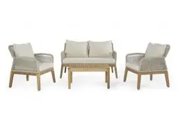 Produktbild: byLIVING Outdoor Sofa-Set Florida/Akazie Natur/Seilgeflecht naturfarben/Webstoff Offwhite/Sofa: B 130 x T 71,5, H 79 cm, Sessel (2X): B 60 x T 71,5, H 79 cm, Tisch: 77 x 50, H 39 cm