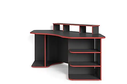 Produktbild: byLIVING Thanatos 02 Gaming-Schreibtisch mit robuster und pflegeleichter Melamin Oberfläche in schwarz und Kanten Aufsatz für mehr Stauraum, Holzwerkstoff Spanplatte, grau-rot, B 198, H 76, T 85 cm