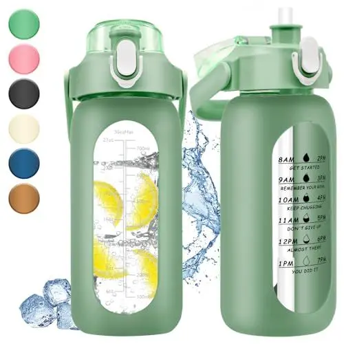 Produktbild: Bymugo 1 Liter Glas-Wasserflasche mit Zeitmarkierung - 1000ml große Sport-Motivations-Wasserflaschen mit Griff & Silikonhülle, 1 Liter auslaufsichere Mess-Trinkflasche für Fitness Workout (Grün)