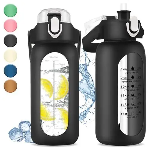 Produktbild: Bymugo 1 Liter Glas-Wasserflasche mit Zeitmarkierung - 1000ml große Sport-Motivations-Wasserflaschen mit Griff & Silikonhülle, 1 Liter auslaufsichere Mess-Trinkflasche für Fitness Workout (Schwarz)