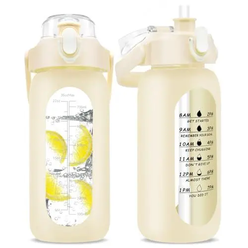 Produktbild: Bymugo 1 Liter Glas-Wasserflasche mit Zeitmarkierung - 1000ml große Sport-Motivations-Wasserflaschen mit Griff & Silikonhülle, 1 Liter auslaufsichere Mess-Trinkflasche für Fitness Workout (Weiß)