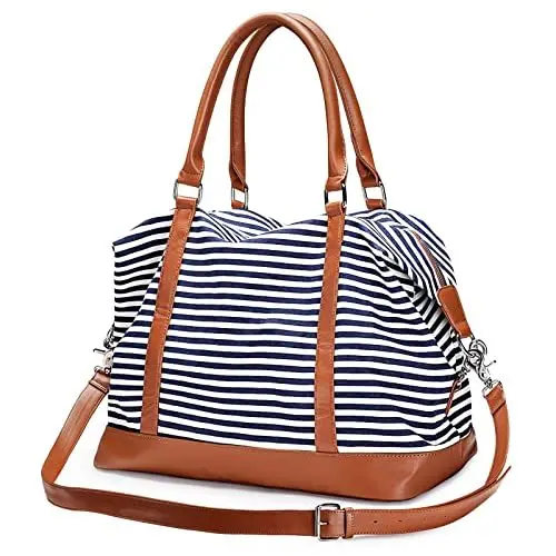Produktbild: BYSURE Reisetasche Canvas PU Leder Trim 25L Weekender Tasche Übernachtung Handgepäck Travel Duffle Bag Handtasche Schultertasche mit Abnehmbar Schulterriemen für Reisen Sport Gym Urlaub Wochenende