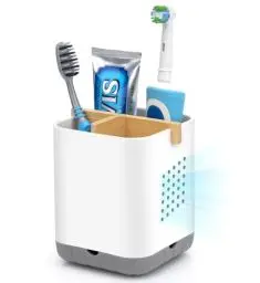 Produktbild: BYUNER Bambus Zahnbürstenhalter Elektrische Zahnbürste, Toothbrush Holder, Deco Badezimmer Organizer, Bathroom Organizer, Bad Zahnputzbecher Abnehmbarer Zahnbürstenhalterung mit Abflussloch（Grau/Weiß）