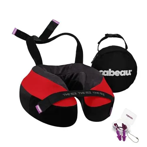Produktbild: Cabeau Evolution TNE S3 Reisekissen - Nackenkissen für unterwegs - Memory-Foam-Flugzeugkissen - Nackenkissen mit Befestigungsriemen - Unterstützung für Reisen, Zuhause, Büro und Gaming (London Red)