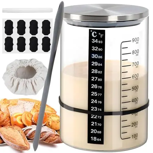 Produktbild: Cabertary 8 Stück Sauerteig Starter Set, Sauerteig Glas mit Holzdeckel Thermometer Streifen Spachtel Tuch Abdeckung Usw, Zum Backen von Hefebrot Transparent Sauerteig Starter, Sauerteig Starter Glas