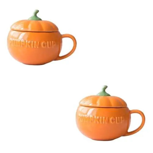 Produktbild: Cabilock 2 Stk Halloween-kürbisbecher Kürbismilchbecher Joghurtbecher Halloween-keksdose Kürbissuppe Suppenbecher Kürbisbecher Mit Deckel Halloween-kaffee Perlmutt 3d Keramik Andenken Tasse