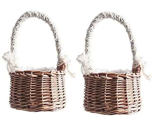 Produktbild: Cabilock 2 Stücke Geflochtener Blumenkorb Rattankorb Obstkorb Holz Blumentopf Rattan Korb Wicker Basket Blumenmädchen Körbchen für Blumenarrangement Hochzeit Tischdeko Shabby Chic Landhausstil Deko