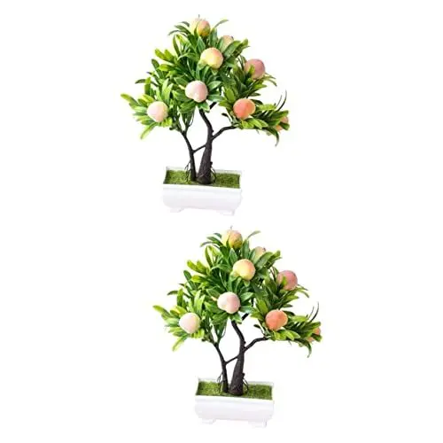 Produktbild: Cabilock 2st Eingetopfter Pfirsichbaum Gefälschte Pflanzen-Desktop-Verzierungen Kunstpflanze Für Den Schreibtisch Zimmerbonsai Büro-Fake-Bonsai Innendekoration Kunstpflanzen Drinnen Plastik