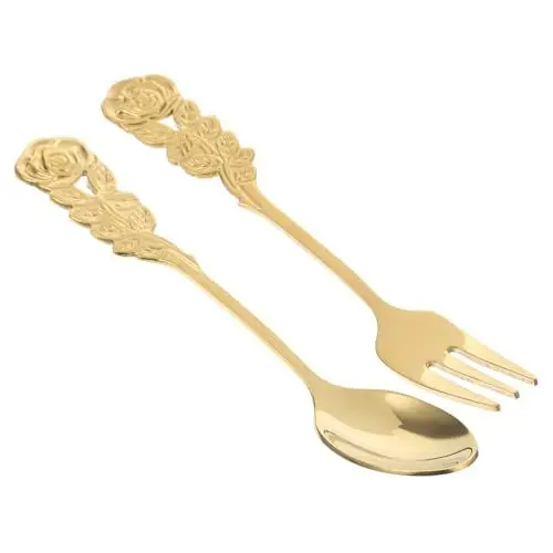 Produktbild: Cabilock 2st Kombination Aus Rosengabel Und -löffel Dessertlöffel Rosenblütenlöffel Minilöffel Für Desserts Zuckerlöffel Esslöffel Kleine Löffel Goldene Serviergabel Essgabeln Edelstahl 304