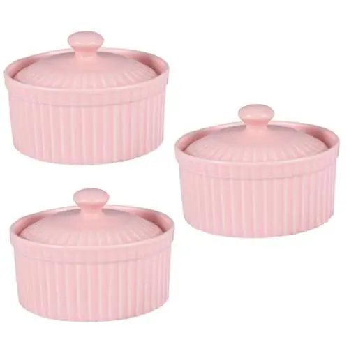 Produktbild: Cabilock 3st Backschüssel Aus Keramik Porzellangeschirr Auflaufschalen Schicke Suppentassen Joghurtbehälter Puddingbecher Zum Backen Soße Mousse Eisbecher Mini Messer Rosa Mit Deckel
