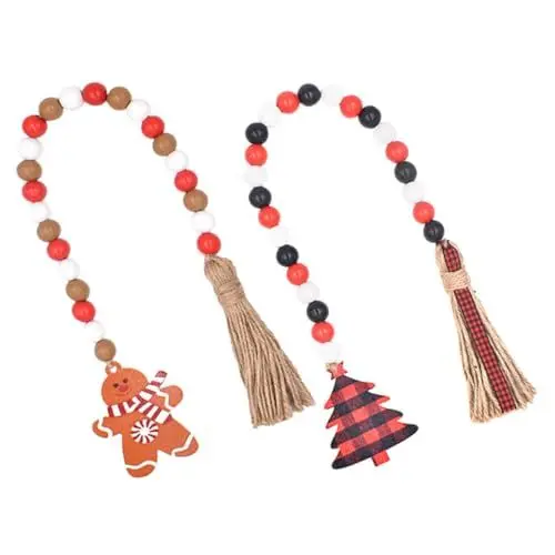 Produktbild: Cabilock 4 Stück Weihnachtsanhänger aus Holzperlen Perlengirlande mit Quaste Perlen Girlande Christbaum anhänger christbaumanhänger Weihnachtsgirlande weihnachtsdeko Girlande aus Holzperlen