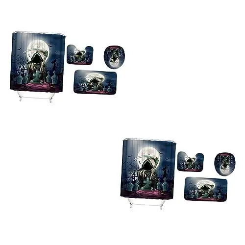 Produktbild: Cabilock 8 Stück 1 Satz Duschvorhangstange Polyester-duschvorhang Halloween-duschvorhang Vorhängeschloss Bedruckte Gardinen Halloween-toilettenmatte Toilettenabdeckung Wasserdicht
