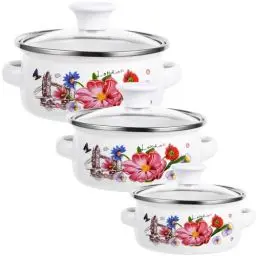 Produktbild: 3-Teiliges emaille-topf-set mit deckel, mini-suppentopf 12/14/16 cm, eisen-turm-muster, gleichmäßige wärmeverteilung, ideal für schnelle mahlzeiten, retro-design
