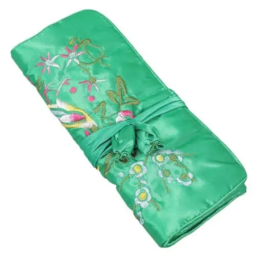 Produktbild: Cabilock Handgemachte Schmuckrolltasche Mit Gestickten Blumen Kosmetische Aufbewahrungstasche Mit Großen Und Kleinen Fächern Für Reisen Und Alltag Grün