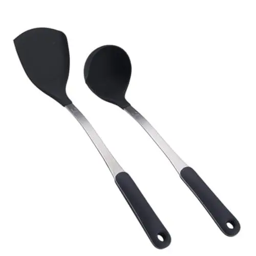 Produktbild: Cabilock 2pc Set Suppe Löffel Schöpfkelle Edelstahl Spachtel Silikon Griff Küche Utensilien