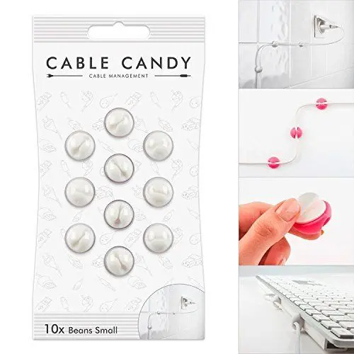 Produktbild: CABLE CANDY – Mini Beans - 10 Stück Kabelhalter Kabel Organizer Kabelclips. Kabelführung Kabelmanagement Zubehör für Schreibtisch, Home Office, Büro und Auto. Selbstklebend. Für Kabel bis 4mm. Weiß