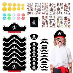 Produktbild: CACAVNONY Piraten Deko Kindergeburtstag 59 Set, Piratenhut Kinder, Augenklappe Piratenparty Piraten Hut Accessoires Kinder Pirat Tattoo Aufkleber Piratenbart Edelsteine Goldmünzen