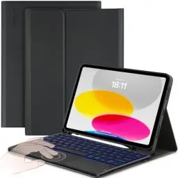Produktbild: CACOE Hülle mit Tastatur für iPad 11 (A16) / 10 Generation (11Zoll / 10.9 Zoll) 2025/2022 mit Touchpad, 7-Farbige Beleuchtung Abnehmbare Kabellose Tastatur, Schwarz