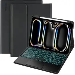 Produktbild: CACOE Hülle Tastatur Kompatibel mit iPad Pro 11 Zoll M4 Hülle 2024 Tastatur mit Touchpad, 7-Farbige Beleuchtung Abnehmbare Kabellose QWERTZ-Tastatur, Schwarz