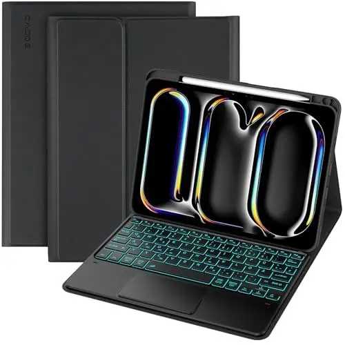 Produktbild: CACOE Hülle Tastatur Kompatibel mit iPad Pro 11 Zoll M4 Hülle 2024 Tastatur mit Touchpad, 7-Farbige Beleuchtung Abnehmbare Kabellose QWERTZ-Tastatur, Schwarz