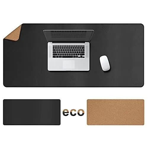 Produktbild: Cacoy 120x60cm Schreibtischunterlage Leder, Kork & PU Leder Doppelseitiges Gaming-Mauspad, Groß Unterlage Schreibtisch, Schreibtischmatte für Büro und Zuhause, Office Desktopschutz (Schwarz)