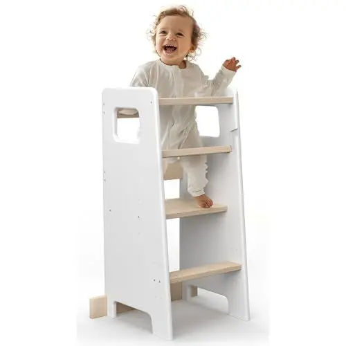 Produktbild: CADANI Jasper Lernturm ab 1. Jahr mit Anti Kipp Schutz - Montessori Küchenhelfer Massivholz bis 50 kg belastbar -Höhenverstellbar - Made in EU - innovative Spitzenqualität, Weiß