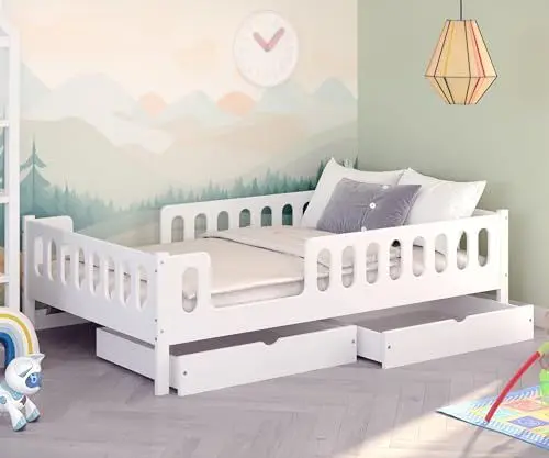 Produktbild: CADANI LARS 2in1 Kinderbett Jugendbett 120x200 cm Weiß, Zwei Schubladen, Rausfallschutz abnehmbar, Zum Juniorbett umbaubar