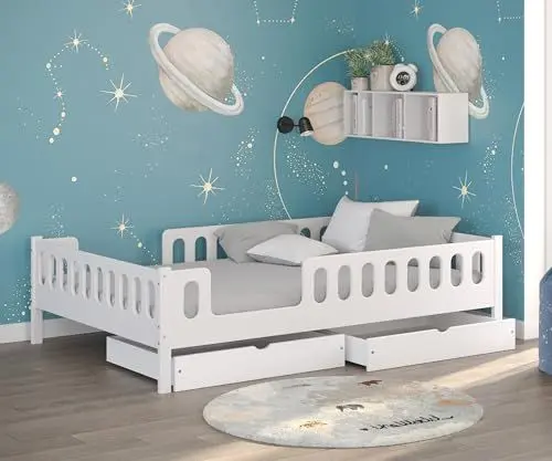 Produktbild: CADANI LARS 2in1 Kinderbett Jugendbett 140x200 cm Weiß, Zwei Schubladen, Rausfallschutz abnehmbar, Zum Juniorbett umbaubar