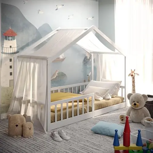 Produktbild: CADANI Malte Hausbett 90x200 cm Weiß, Montessori Bodenbett Rausfallschutz abnehmbar, Kinderbett Umbaubar inkl. Roll-Lattenrost, bis 200 kg belastbar