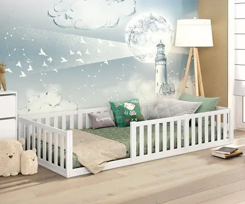 Produktbild: CADANI Teso Kinderbett 90x200 cm Montessori Bodenbett mit Rausfallschutz inkl. Lattenrost, Kiefer Massivholz, weiß - 3 Aufbauvarianten, bis 150 kg belastbar