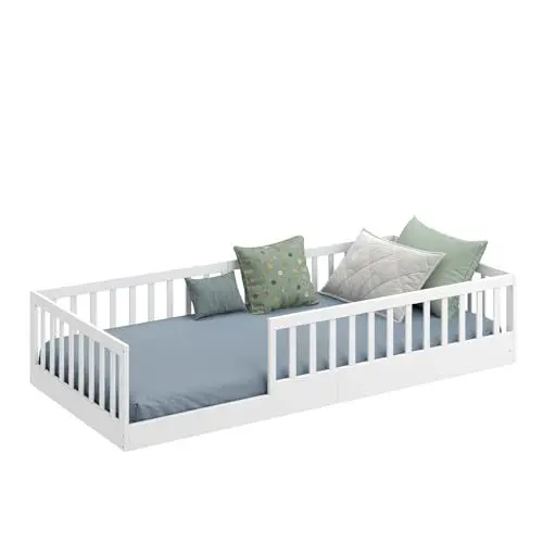 Produktbild: CADANI Timi 2in1 Bodenbett 90x200 cm Montessori Kinderbett mit abnehmbaren Rausfallschutz inkl. Lattenrost, Kiefer Massivholz, weiß - 3 Aufbauvarianten, bis 200 kg belastbar, umbaubar