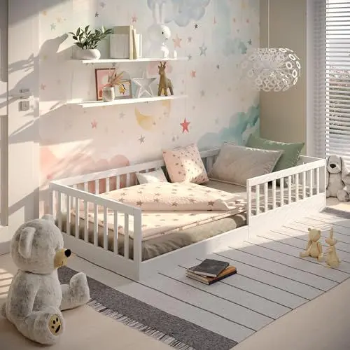 Produktbild: CADANI Timi 2in1 Bodenbett 90x200 cm Montessori Kinderbett mit abnehmbaren Rausfallschutz inkl. Lattenrost, Kiefer Massivholz, weiß - 3 Aufbauvarianten, bis 200 kg belastbar, umbaubar
