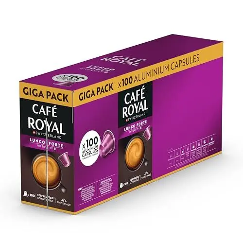 Produktbild: Café Royal, Lungo Forte Promo Pack, 100 Nespresso (R) kompatible Kapseln, 80 Prozent recycled Aluminium, Rainforest Alliance zertifiziert, Intensität 8