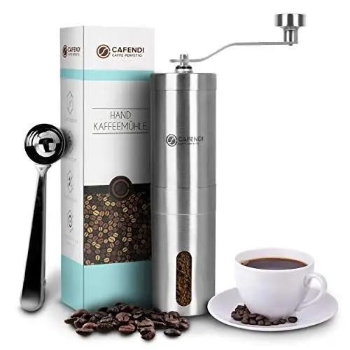 Produktbild: Cafendi Kaﬀeemühle Manuell | Edelstahl Handkaffeemühle - Robustes Mahlwerk aus Keramik | Espressomühle für Küche, Camping und Outdoor | Mit E-Book für perfekten Kaﬀegenuss