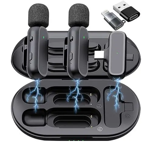 Produktbild: Caiord 2er-Pack kabelloses Mikrofon für Android, iPhone & iPad mit Adapter. Rauschunterdrückung, Clip-on-Mikrofon für YouTube, Aufnahme, Vlogging & Facebook Live-Streaming