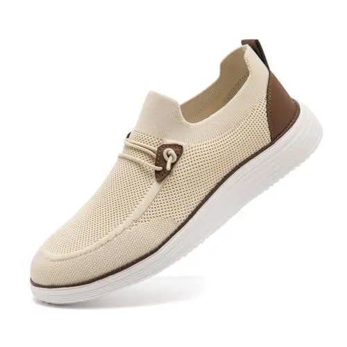 Produktbild: CAIQDM Bequeme nackte Slip-On-Loafer für Herren hautfreundliche rutschfeste Innensohlen Walking-Freizeitschuhe Retro-Mode leichte und atmungsaktive Outdoor-Fitness-Joggingschuhe Beige EU 41