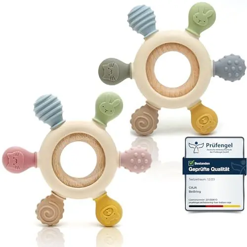 Produktbild: CAJA Beißring Baby - 2 Stück - Beißspielzeug Zahnungshilfe aus Silikon & Holz, Baby, BPA-frei, Tiermotive, Zahnen & Greifring für Babys - Sicheres Spielzeug (complexion + complexion A)