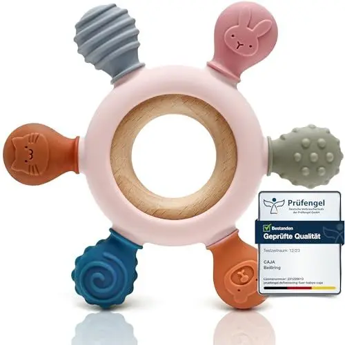 Produktbild: CAJA Beißring Baby - Beißspielzeug Zahnungshilfe aus Silikon & Holz, Baby, BPA-frei, Tiermotive, Zahnen & Greifring für Babys - Sicheres Spielzeug (Pink)