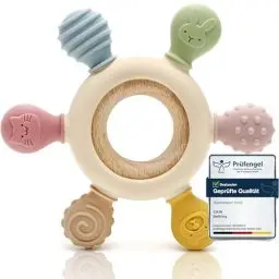 Produktbild: CAJA Beißring Baby - Beißspielzeug Zahnungshilfe aus Silikon & Holz, Baby, BPA-frei, Tiermotive, Zahnen & Greifring für Babys - Sicheres Spielzeug (complexion)