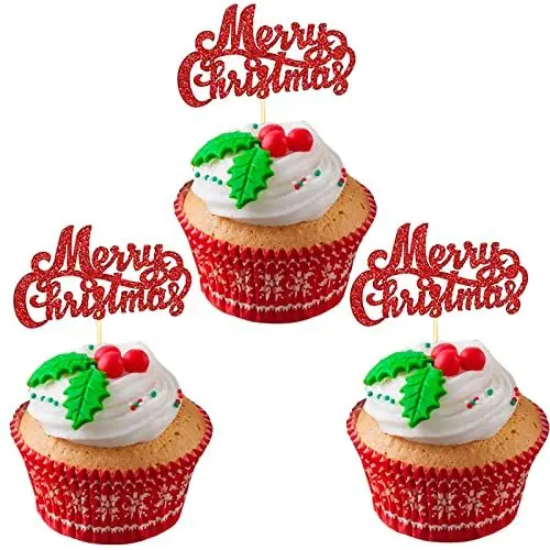 Produktbild: Cake Topper Weihnachten, Cupcake Topper Weihnachten, 24 Stück Tortendeko Merry Christmas, Rot Tortendeko Frohe Weihnachten, Kuchen Deko Weihnachten für Xmas Neujahr Feier Party Dekorationen